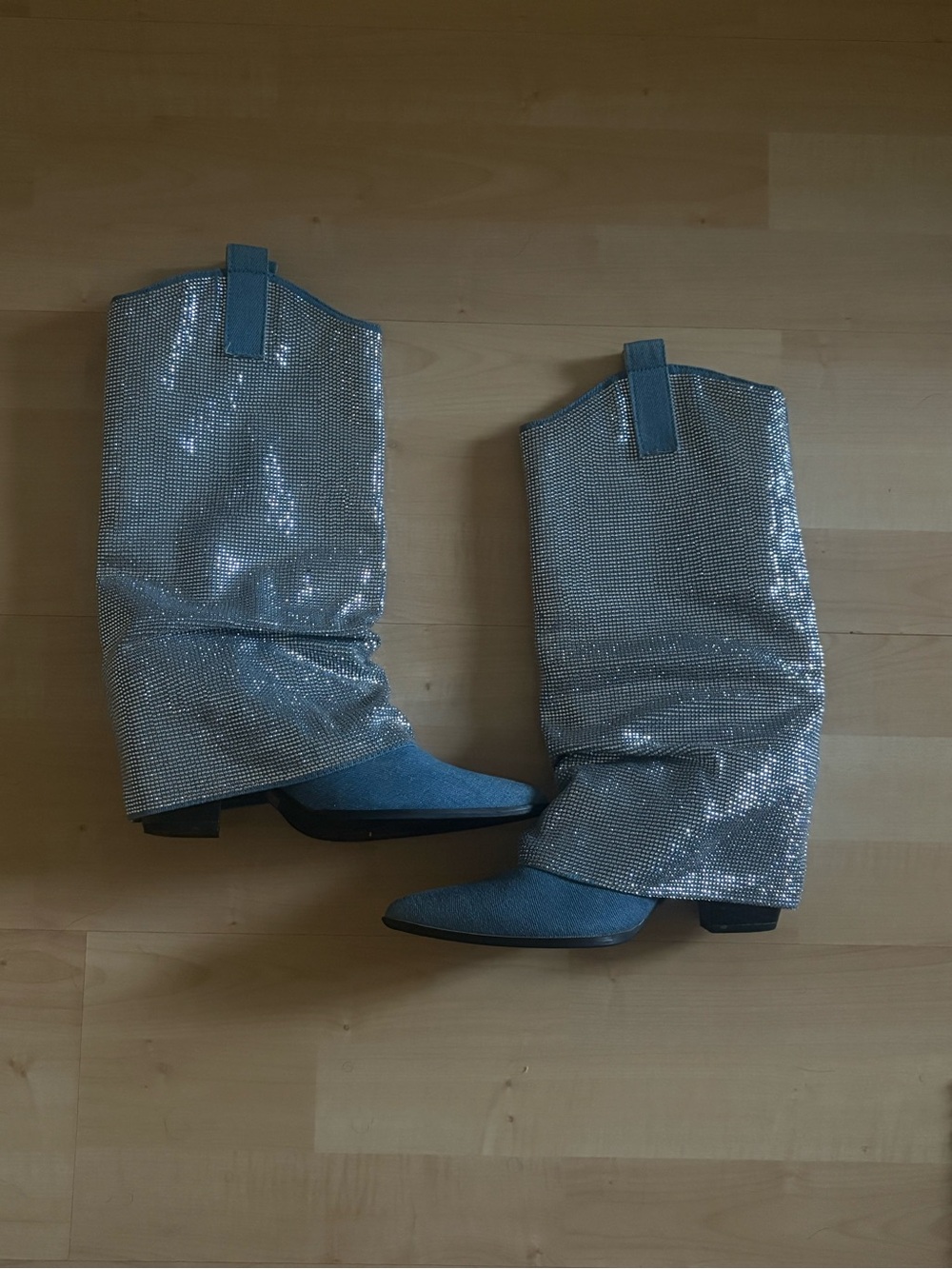 Forever 21 Silver Sequin Western Heeled Boots with Blue Toes